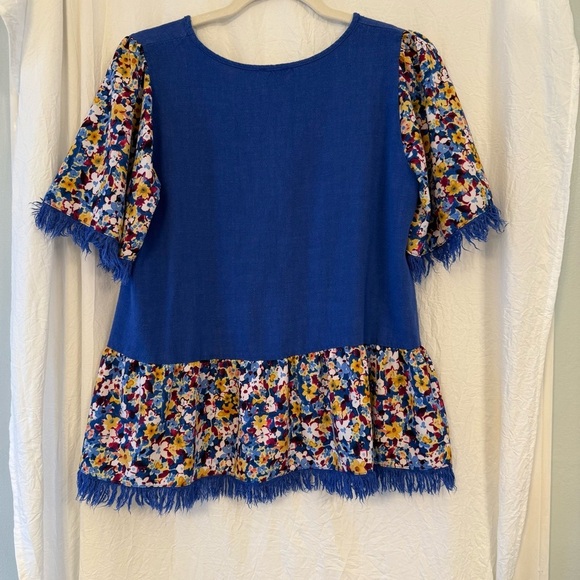 Hailey & Co Sz SM Blue Floral Linen Rayon Peplum Top Oversized Fit Boho Artsy - Picture 2 of 11